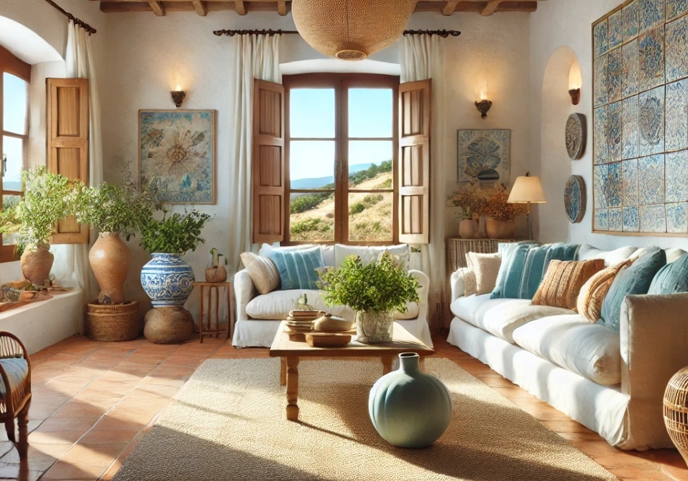 salone in stile mediterraneo con pavimento in cotto